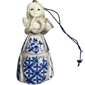 VTG Nancy Lopez 1982 Blue White Angel Ornament Porcelain Horn Vintage Christmas